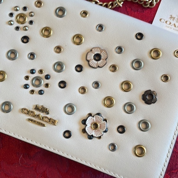 Brand New Genuine Leather Coach Chalk Flower Metal Studded Chain Crossbody Purse - Picture 6 of 16